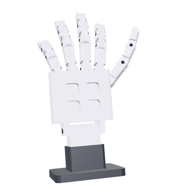A printed robotic hand of thirty-four parts, standing on its own base.