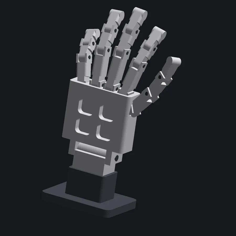 Isometric render of the robotic hand on its stand, fingers open.